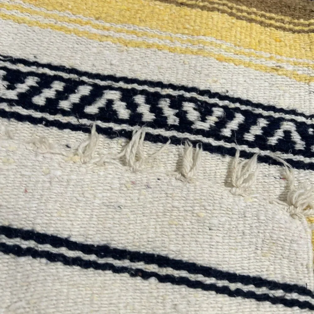 Traditional FALSA Mexican Hand Woven Sarape Throw Yellow, Black, Beige 53” X 86”